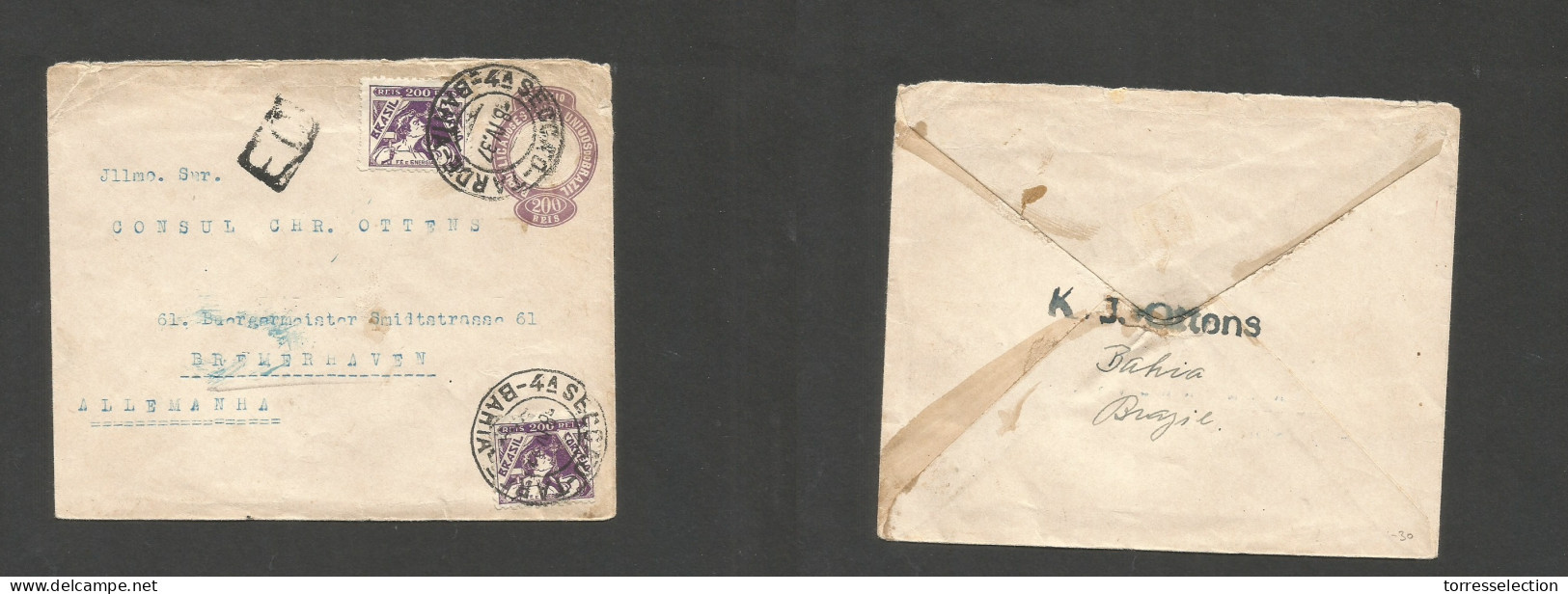 Brazil -Stationary. 1937 (8 April) Bahia - Germany, Bremehaven. Registered 200rs Lilac Stat Embossed + 2 Adtls, Tied Cds - Andere & Zonder Classificatie