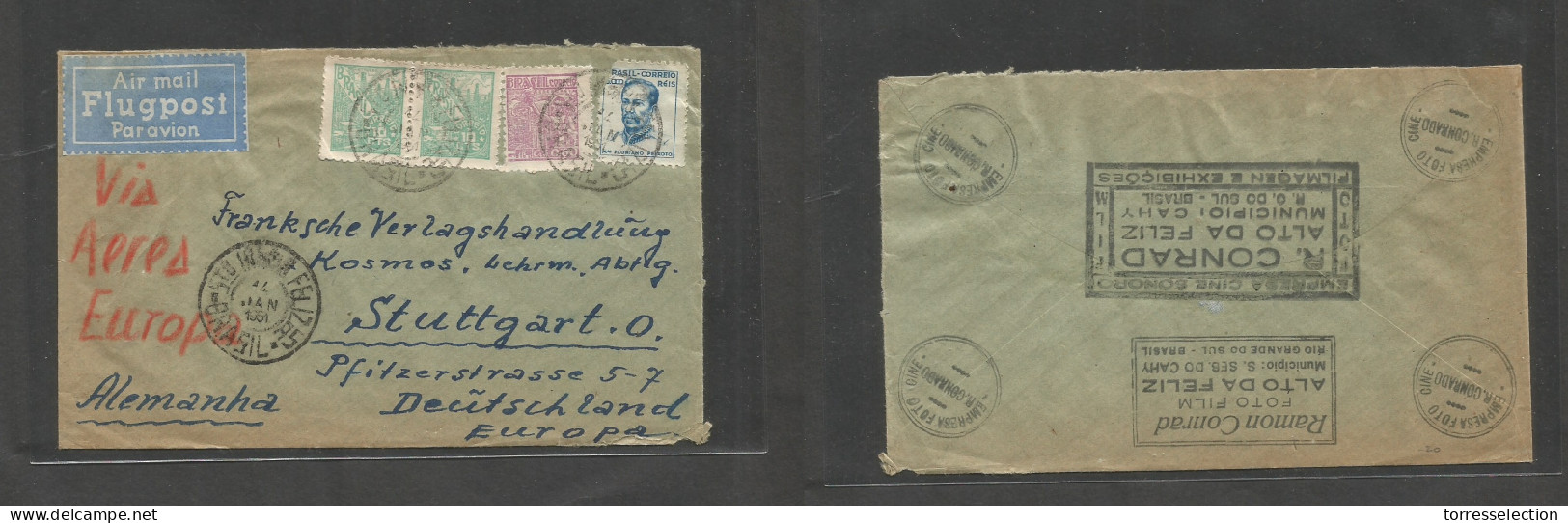 Brazil - XX. 1951 (14 Jan) San Sebastian Do Cahy - Germany, Stuttgart. Air Multifkd Envelope, Seal Air Labels Tied Cds.  - Sonstige & Ohne Zuordnung