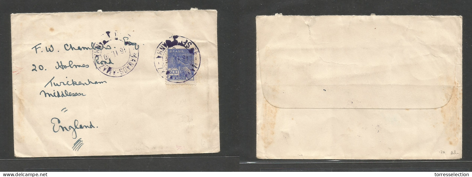 Brazil - XX. 1930 (16 Nov) Amazonas, Manaos - UK, Twickenham. 500 Rs Blue Single Fkd Env, Violet Cds. SALE. - Otros & Sin Clasificación