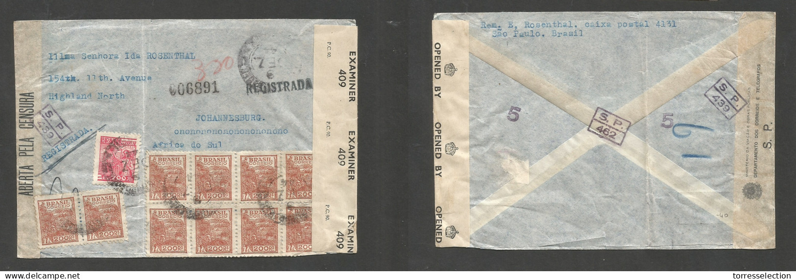 Brazil - XX. 1944 (9 Dec) S. Paulo - South Africa, Joburg. Registered Air Multifkd Env. Depart + GB Caribe Censor Label. - Other & Unclassified