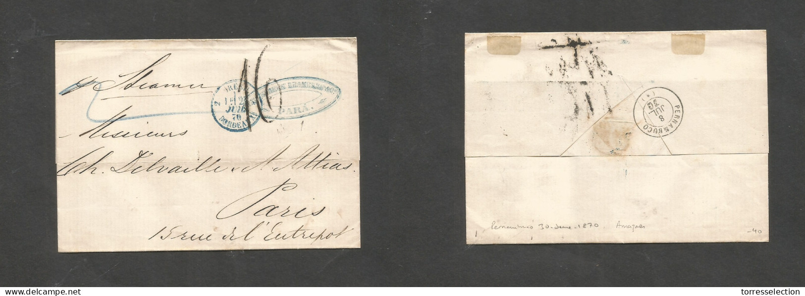 Brazil - Stampless. 1870 (30 June) Amazonas, Pará - France, Paris (27 July) Stampless E. Reverse Via Brazilian PO Pernan - Autres & Non Classés