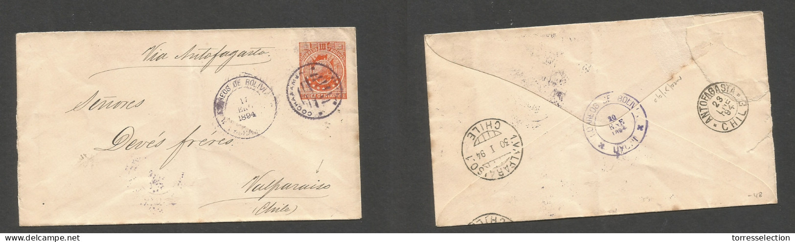 BOLIVIA. 1894 (17 Ene) Cochahamba - Chile, Valparaiso (30 Jan) Via Antofagasta - Ujuny, 10c Orange Stat Env. Fine. SALE. - Bolivie