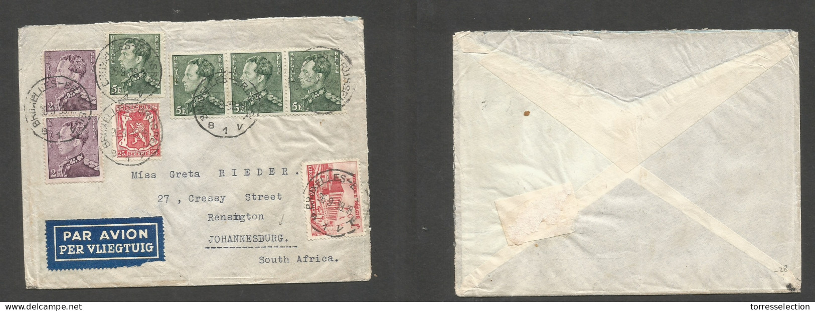 Belgium - XX. 1939 (26 Sept) Bruxelles - South Africa, Joburg. Air Multifkd Envelope + Better Destination At 25,25 Fr Ra - Sonstige & Ohne Zuordnung