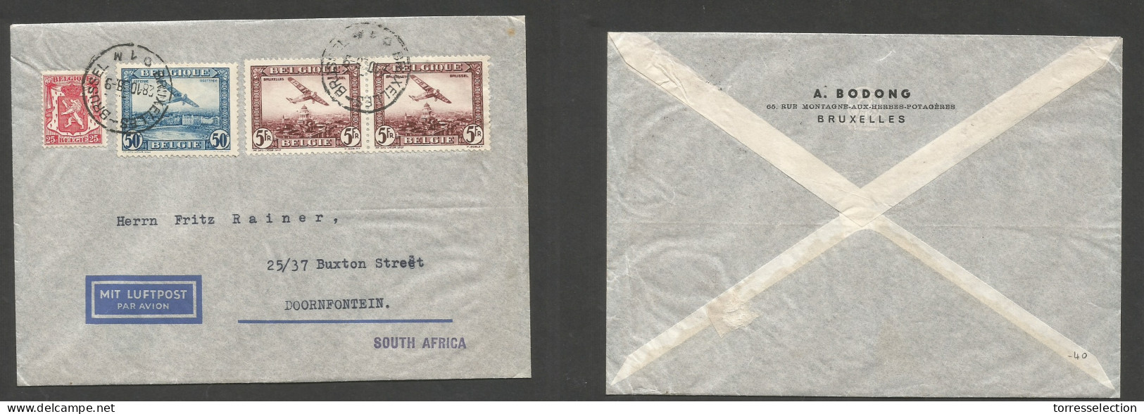 Belgium - XX. 1938 (28 Oct) Brussels - South Africa, Doorfontein. Air Multifkd Env At 10,75 Fr Rate. VF Usage + Dest. SA - Other & Unclassified