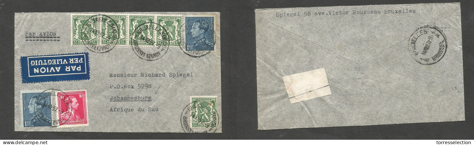 Belgium - XX. 1937 (14 Oct) Bruxelles Zuid - South Africa, Joburg. Air Multifkd Envelope. Better Destination + Mixed Usa - Otros & Sin Clasificación