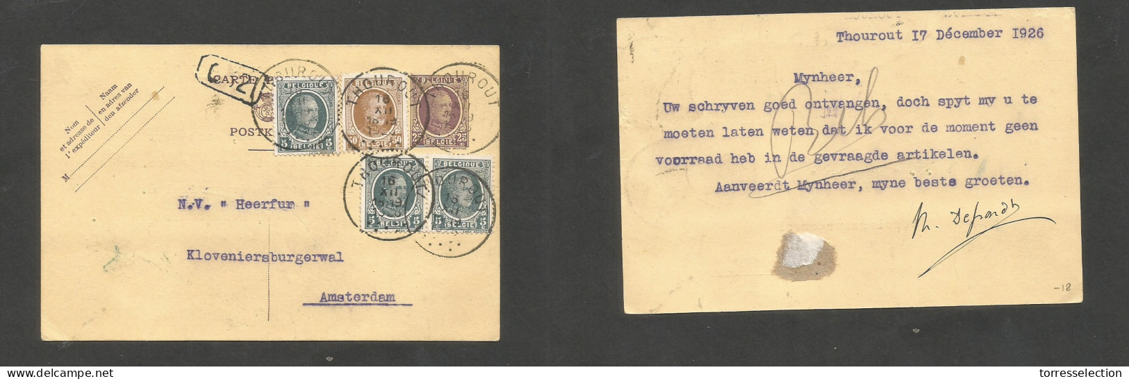 Belgium - Stationery. 1926 (17 Dec) Thourout - Netherlands, Amsterdan. 25c Brown / Yellow + 4 Adtls, Cds. Fine Multiple  - Other & Unclassified