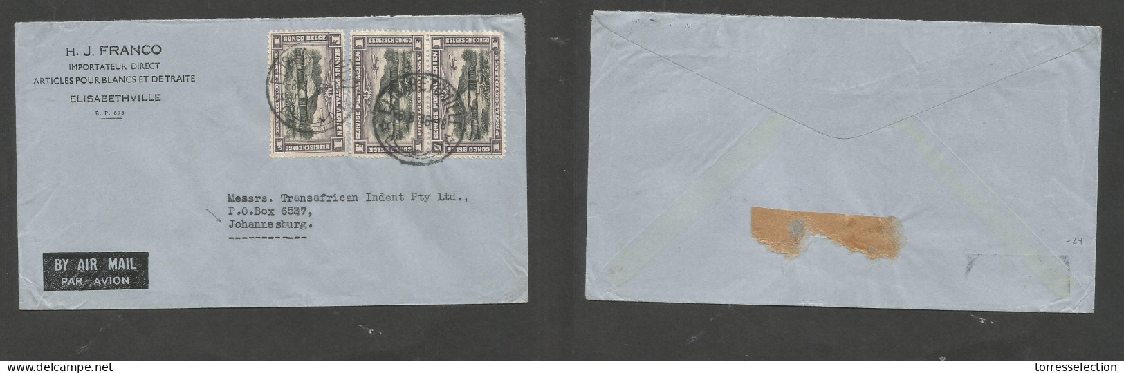 BELGIAN CONGO. 1946 (8 Aug) Elisabethville - South Africa, Joburg. Air Multifkd Envelope At 3 Fr Rate, Cds Comercial Usa - Sonstige & Ohne Zuordnung