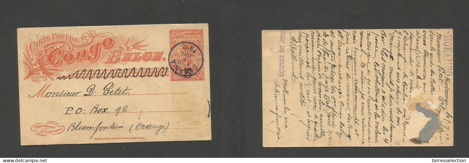 BELGIAN CONGO. 1912 (7 July) Mokambo Via Sakania - South Africa, Orange, Bloemfontain. 10c Red Stat Card. Further Stamp  - Other & Unclassified