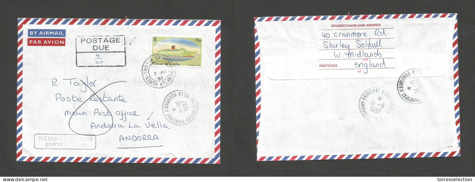 BC - Tristan Da Cunha. 1997 (7 Aug) GPO, South Atlantic - ANDORRA, Lavelle. Air Single Fkd Env + Tax P. Due Cachet + Arr - Otros & Sin Clasificación