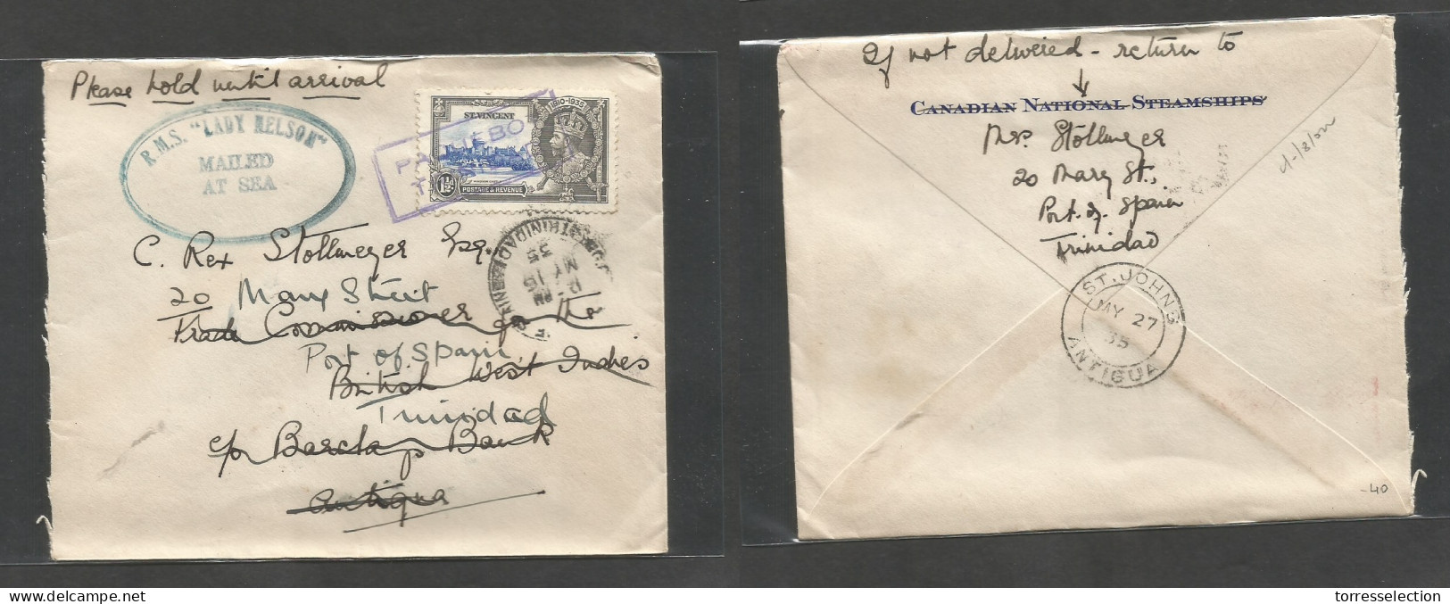 BC - St. Vincent. 1935 (May) Silver Jubilee Issue. Paquebot Fkd 1 1/2d Fkd Env To Trinidad Port Spain (16 May) Special C - Other & Unclassified