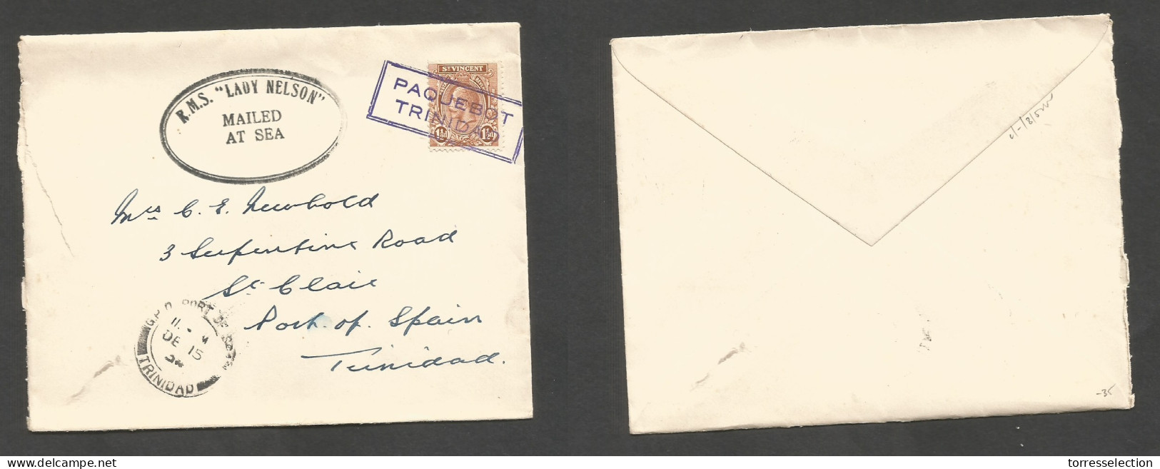 BC - St. Vincent. 1934 (Dec 15) Usage To Trinidad, Port Spain Pqbt Lady Nelson, Oval Cachet. 1 1/2 D Fkd Env, Special On - Other & Unclassified