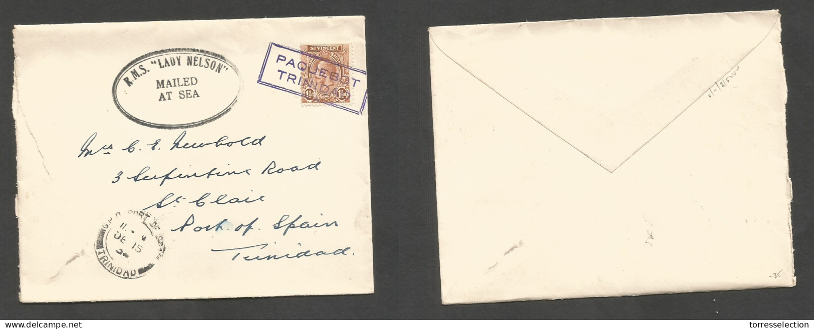 BC - St. Vincent. 1934 (Dec 15) Usage To Trinidad, Port Spain Pqbt Lady Nelson, Oval Cachet. 1 1/2 D Fkd Env, Special On - Otros & Sin Clasificación