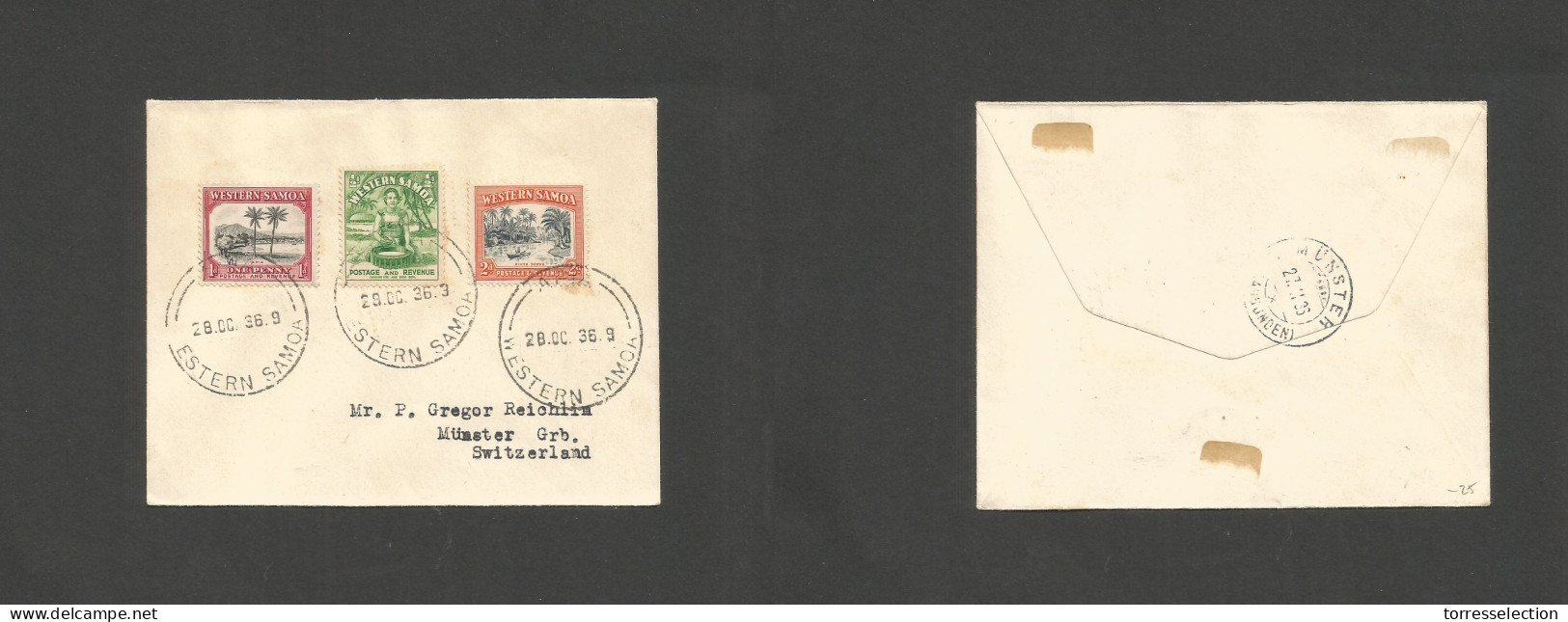 BC - Samoa. 1936 (28 Oct) WS. Apia - Switzerland, Munster (27 Nov) Multifkd Env At 3 1/2d Rate, Tied Cds. Fine Used. SAL - Otros & Sin Clasificación