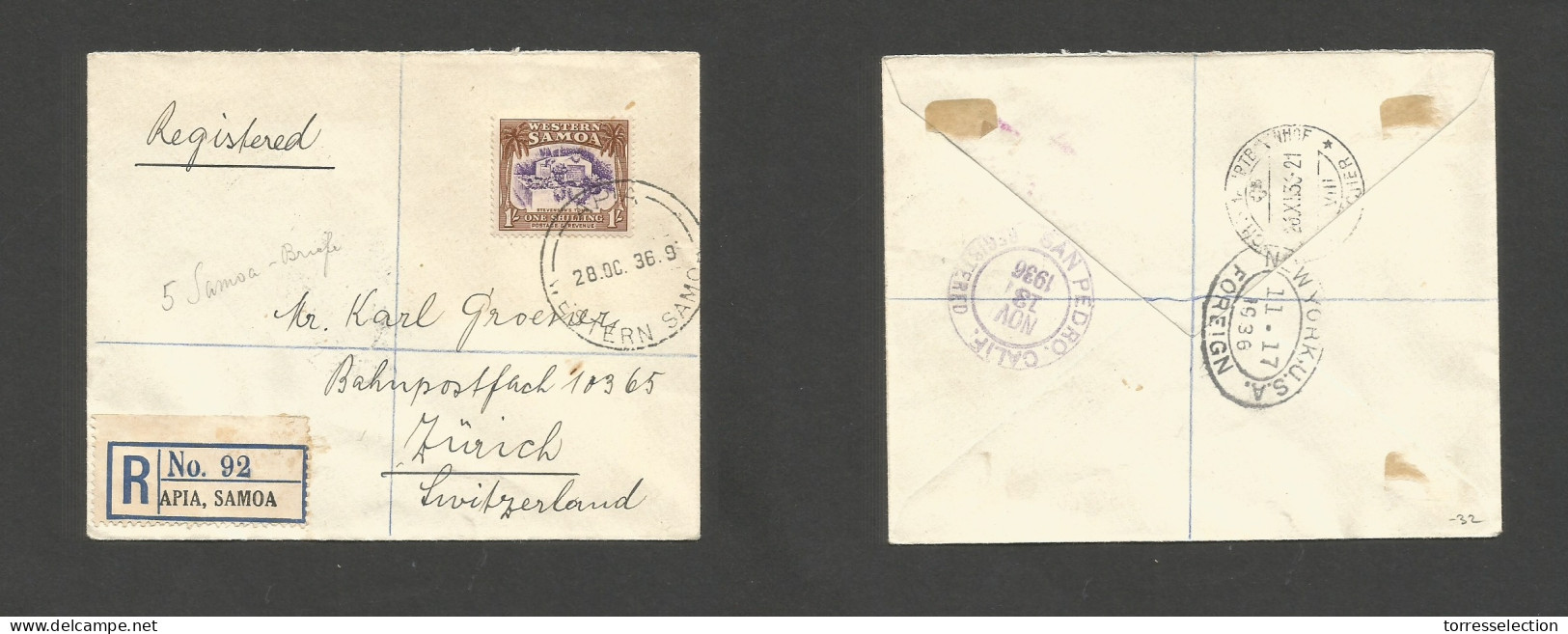 BC - Samoa. 1936 (28 Oct) WS, Apia - Switzerland, Zurich (26 Nov) Via NY. Registered 1sh Rate Fkd Env. SALE. - Andere & Zonder Classificatie