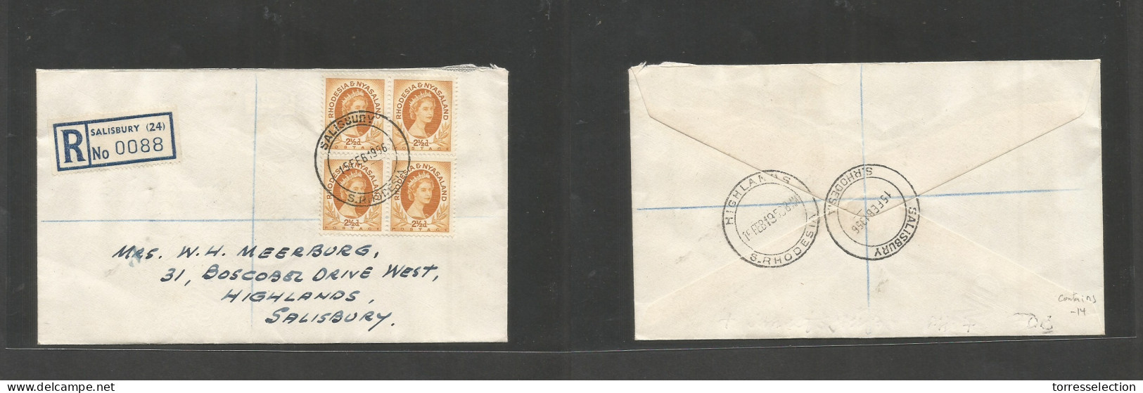 BC - Rhodesia. 1956 (15 Feb) SR. Salisbury Local. Registered Multifkd Env, Tied Cds. Block Of Four 2 1/2d On Cover + R-l - Other & Unclassified