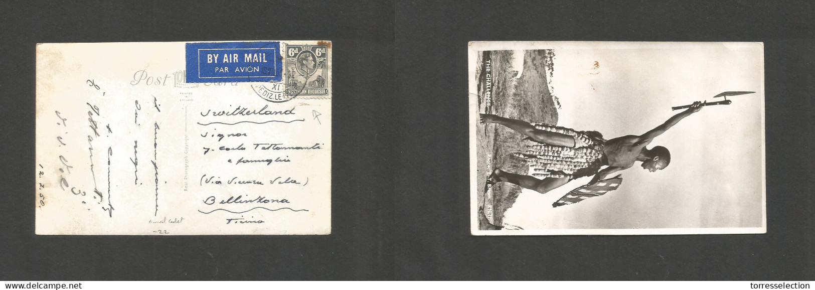 BC - Rhodesia. 1950 (12 July) NR. The Challenge Photo Card. Fkd Card To Switzerland, Bellinzona, Ticino. Airmail Usage.  - Sonstige & Ohne Zuordnung