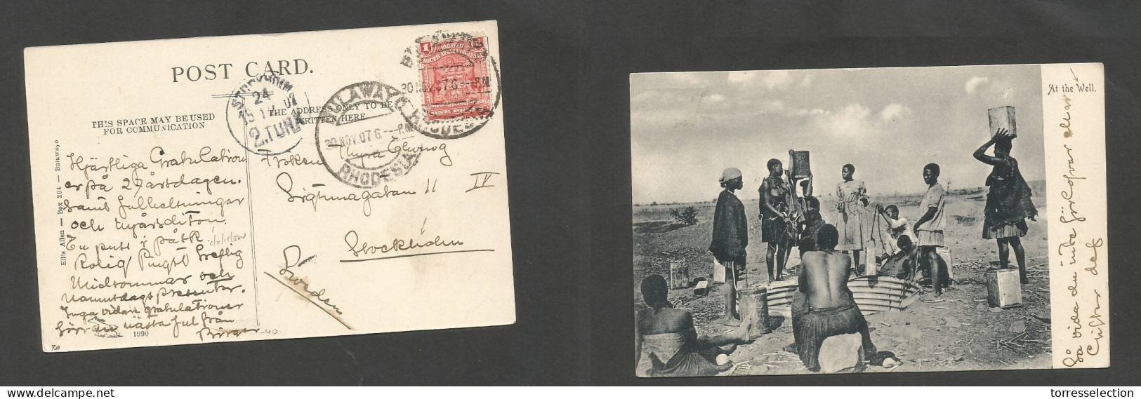 BC - Rhodesia. 1907 (30 Nov) BSAC. Bulawayo - Sweden, Stockholm (24 Dec) Fkd Ppc. At The Well. Fine Card + Dest. SALE. - Other & Unclassified