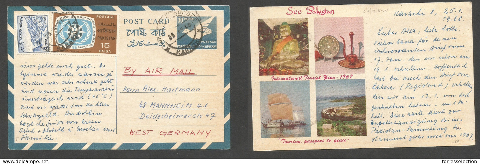 BC - Pakistan. 1968 (25 Jan) Karachi - West Germany. Mannhrein. 30p Blue Air Stat Card + 2 Adtls, Tied Cds. Fine. Revers - Otros & Sin Clasificación