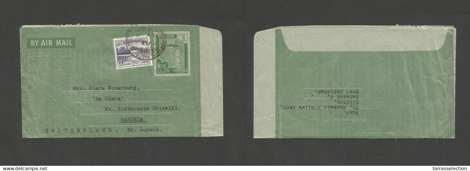 BC - Pakistan. 1962 (19 Jan) Karachi - Switzerland, Gandria. 6a Green Stat Airlettersheet + Adtl, Tied Cds. SALE. - Other & Unclassified