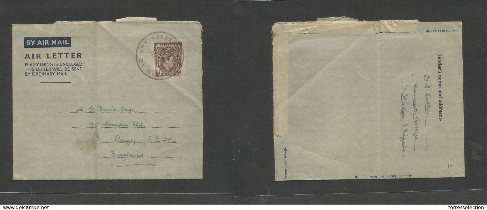 BC - Nigeria. 1954 (16-20 June) Ibadan - England, Paige. 6d Lilac Stat Air Lettersheet, Cancelled IB UNY College Cds. Fi - Otros & Sin Clasificación
