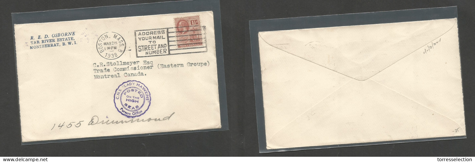 BC - Monserrat. 1938 (28 March) Tar River Estate. 1 1/2d Single Fkd Env To Canada, Montreal. Paquebot CNS Lady Hawking.  - Otros & Sin Clasificación