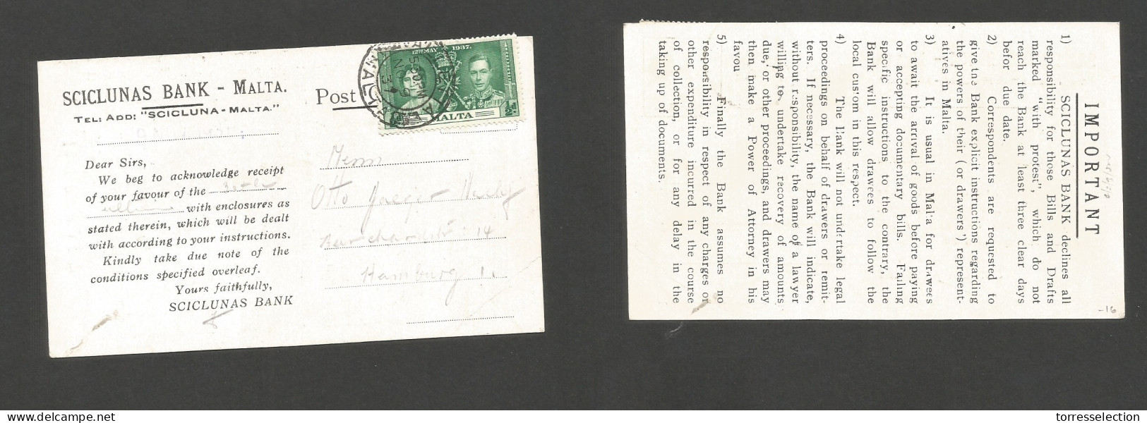 BC - Malta. 1937 (9 Nov) Valetta. Coronation Issue Single 1/2d Green Fkd Private Business Card To Germany, Hamburg. Fine - Sonstige & Ohne Zuordnung