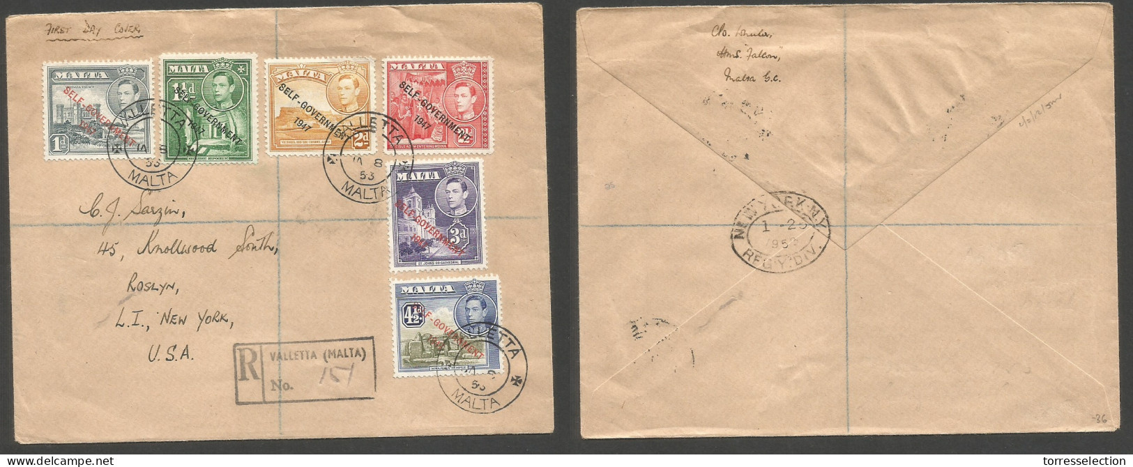 BC - Malta. 1953 (Jan 8) Valletta - USA, NY, Roslyn (25 Jan) Registered Self Gov Multifkd Env. Fine. SALE. - Sonstige & Ohne Zuordnung