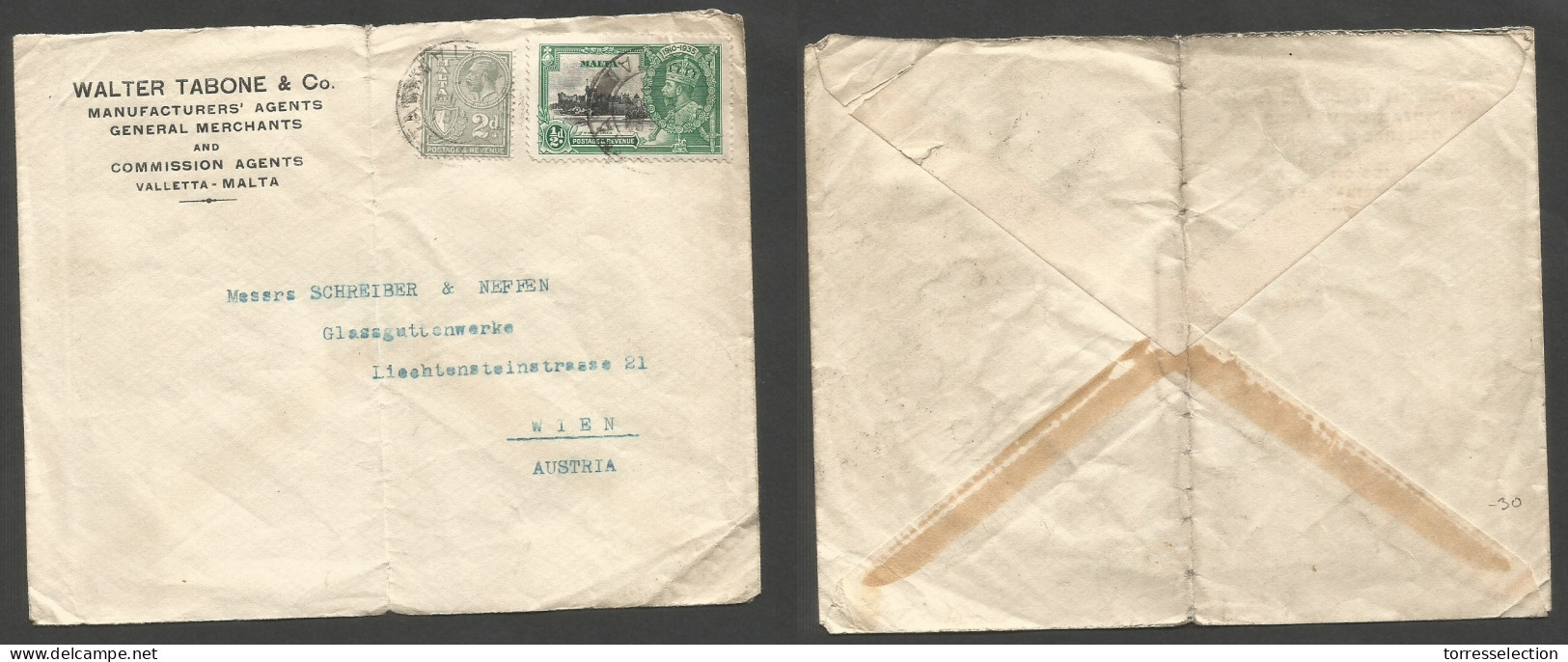 BC - Malta. 1935 (Nov 4) Valetta - Austria, Wien. Silver Jubilee Fkd Env + Adtl, At 2 1/2d Rate, Cds. Comercial. SALE. - Autres & Non Classés