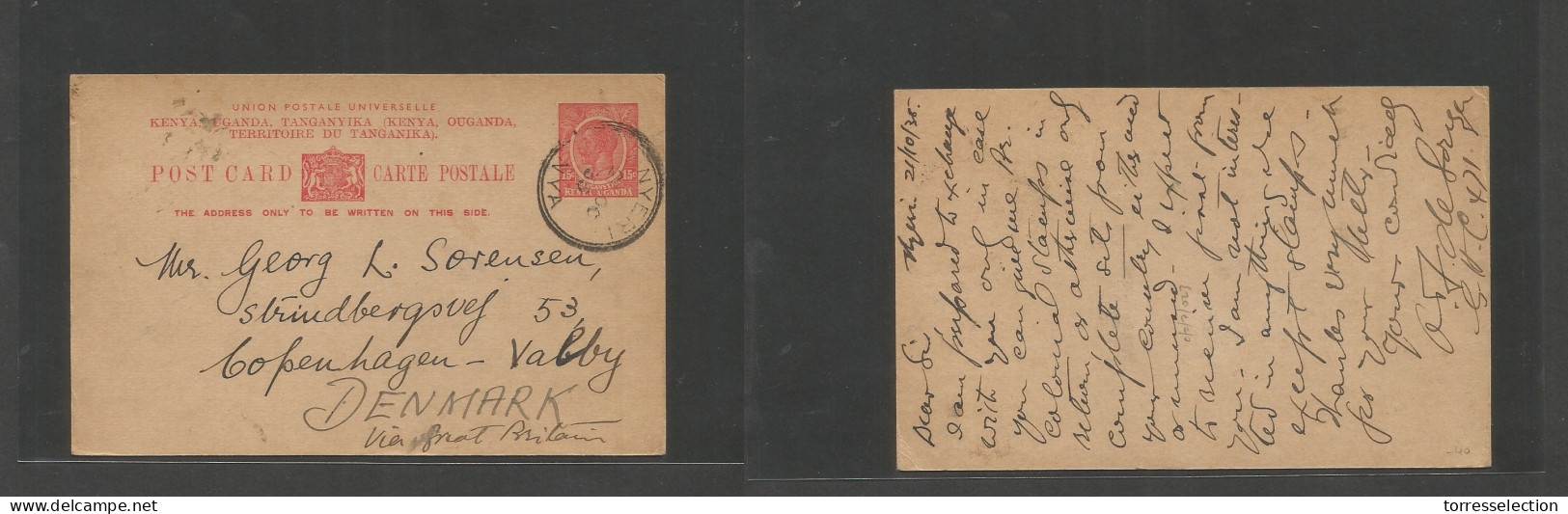 BC - Kenya. 1935 (21 Oct) Nyeri - Denmark, Cph, Valby 15c Red Stat Card, Cds. Fine Scarce Usage + Destination. SALE. - Sonstige & Ohne Zuordnung