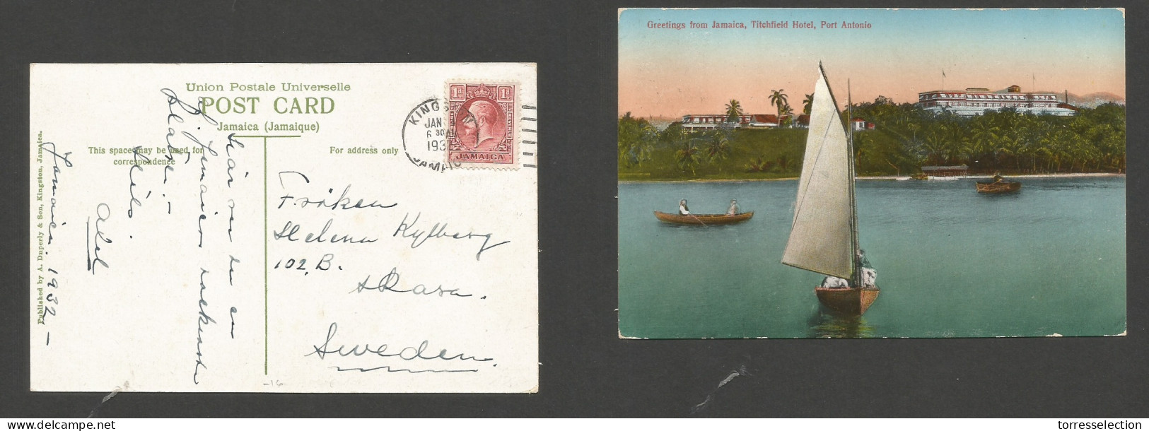BC - Jamaica. 1937 (4 Jan) Kingston - Sweden, Rasa. 1d Fkd Early Ppc. Tichfield Hotel. SALE. - Sonstige & Ohne Zuordnung