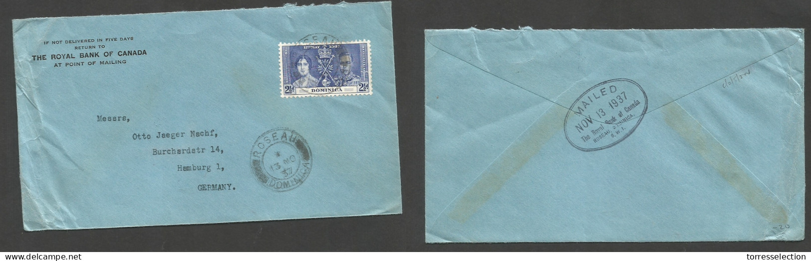 BC - Dominica. 1937 (13 Nov) Roseau - Germany, Hamburg. Coronation 2 1/2d Blue Fkd Env + Cds. Fine. SALE. - Otros & Sin Clasificación