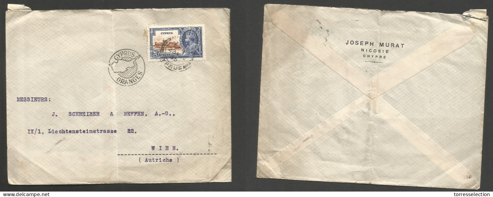 BC - Cyprus. 1935 (23 Nov) Nikosia - Austria, Wien. Silver Jubilee 2 1/2d Fkd Env + Oranges Ad Cachet. VF. SALE. - Otros & Sin Clasificación