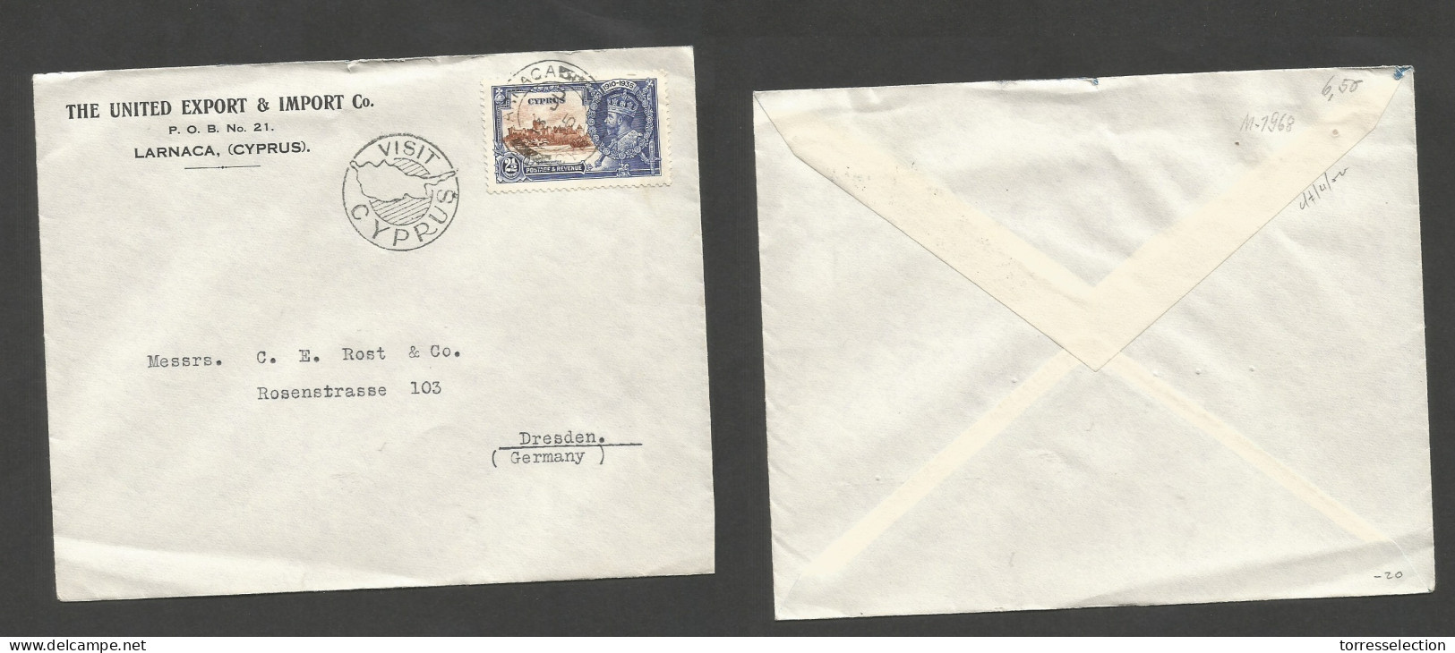 BC - Cyprus. 1935 (13 June) Larnaca - Dresden, Germany. Visit Cyprus Ad Postal Cachet. Fkd Silver Jubilee 2 1/2d, Tied C - Other & Unclassified
