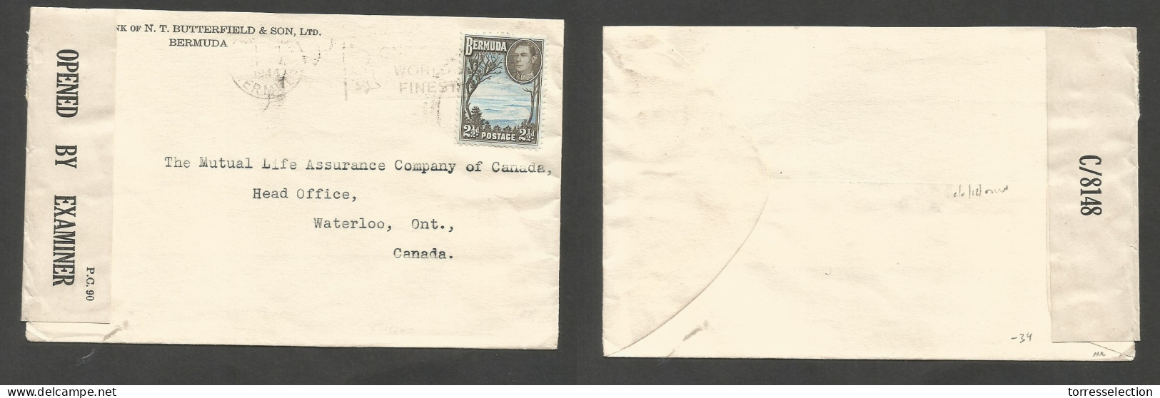 BC - Bermuda. 1944 (27 Apr) GPO - Canada, Waterloo, ONT. 2 1/2d Fkd Env + Depart Censor Label, Slogan Cachet. SALE. - Other & Unclassified