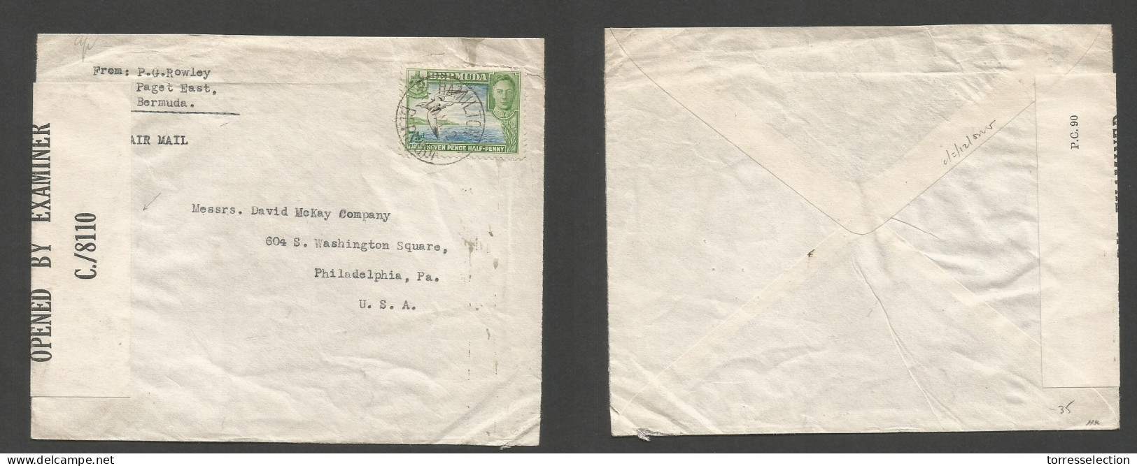 BC - Bermuda. 1942 (11 May) Hamilton - USA, Pha. PA Single 7 1/2d Fkd Env + Depart Censor Label. SALE. - Andere & Zonder Classificatie