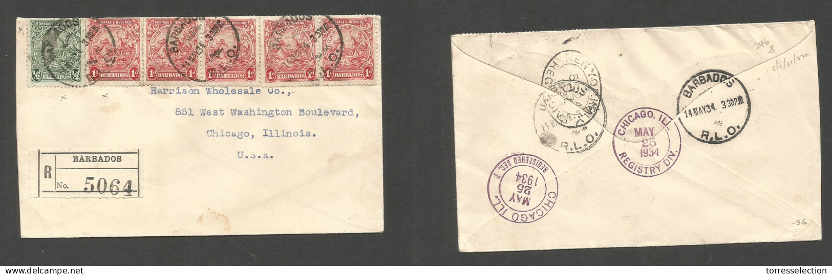 BC - Barbados. 1934 (14 May) GPO - USA, Chicago, Ill (25 May) Registered Multifkd Env At  5 1/2d Rate. Fine. VF. SALE. - Andere & Zonder Classificatie