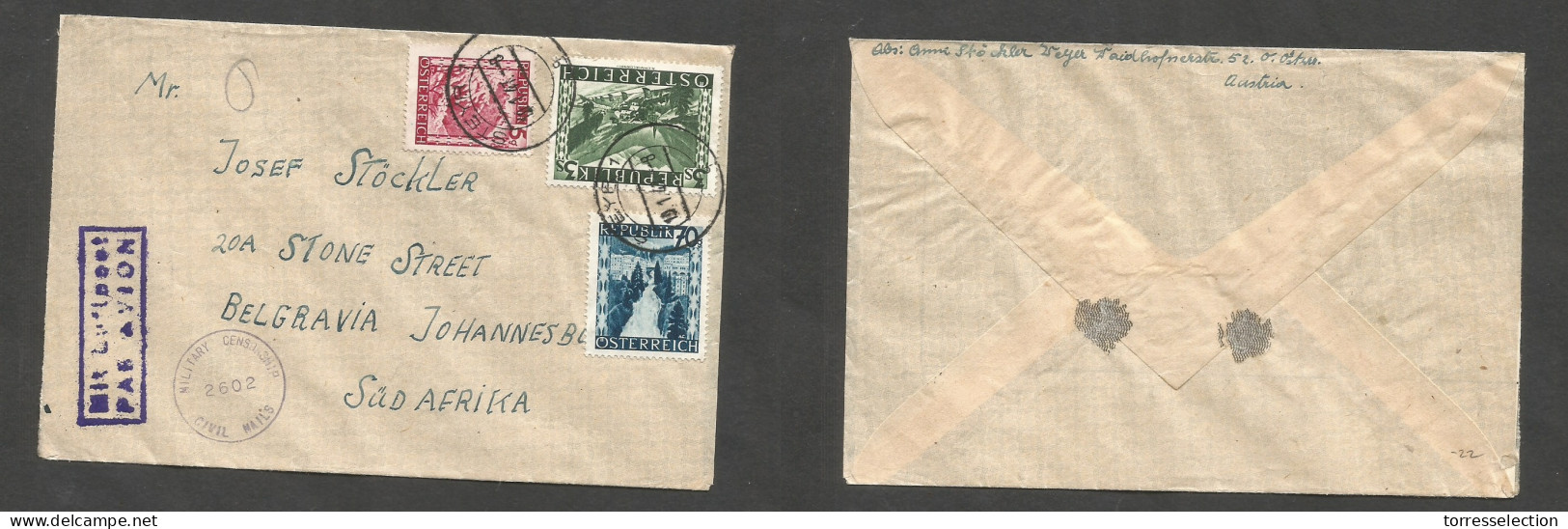 AUSTRIA - XX. 1947 (19 Jan) Steyr 1 - South Africa, Joburg. Air Multifkd Depart Allied Censored Envelope. Very Nice Cond - Other & Unclassified