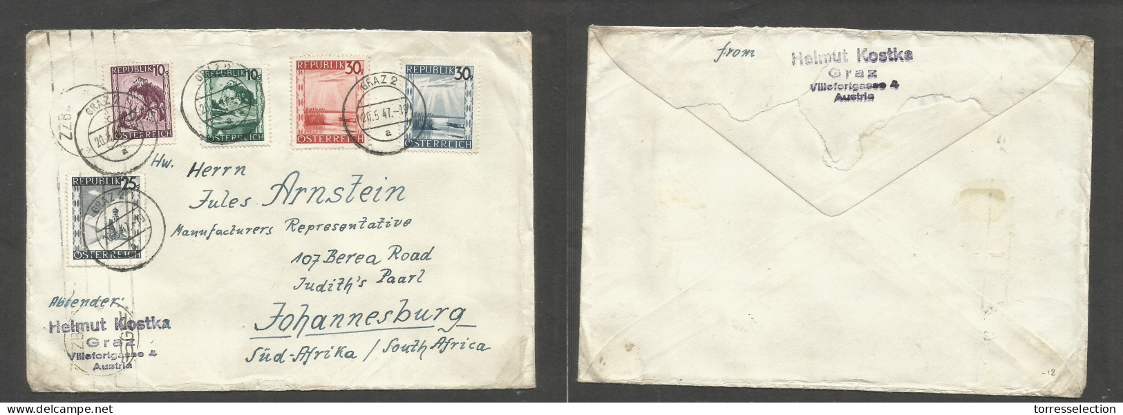 AUSTRIA - XX. 1947 (20 May) Graz 2 - South Africa, Joburg. Comercial Multifkd Env, Soviet Censored, At 1,05kr Rate, Tied - Other & Unclassified