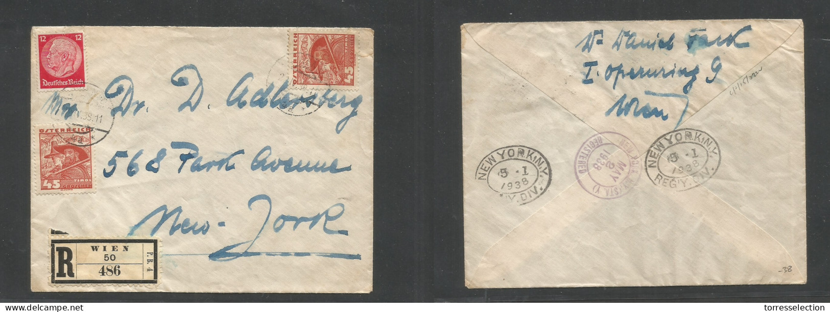 AUSTRIA - XX. 1938 (22 April) Wien - USA, NYC (1 May) Registered Multifkd Env. Nazy Period, Mixed Germany + Austria Usag - Autres & Non Classés