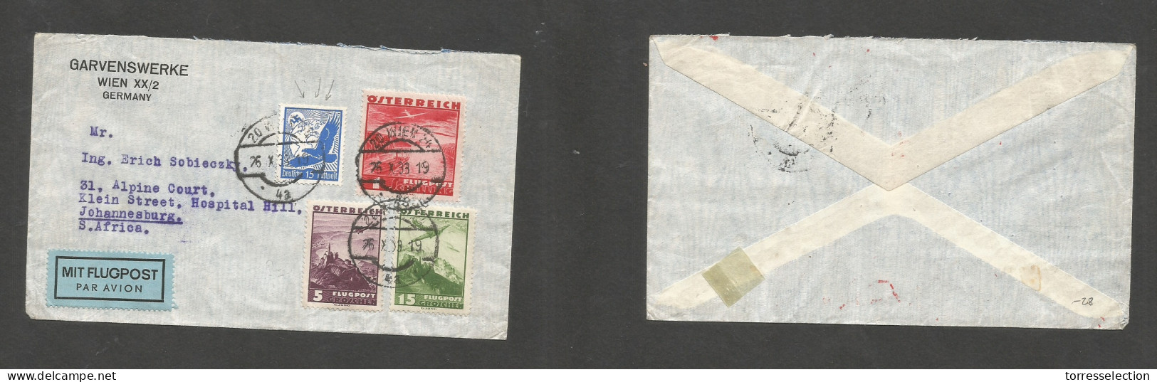 AUSTRIA - XX. 1933 (26 Oct) Wien 20 - South Africa, Joburg. Mixed German + Austria Air Multifkd Envelope Tied Cds. Comer - Other & Unclassified