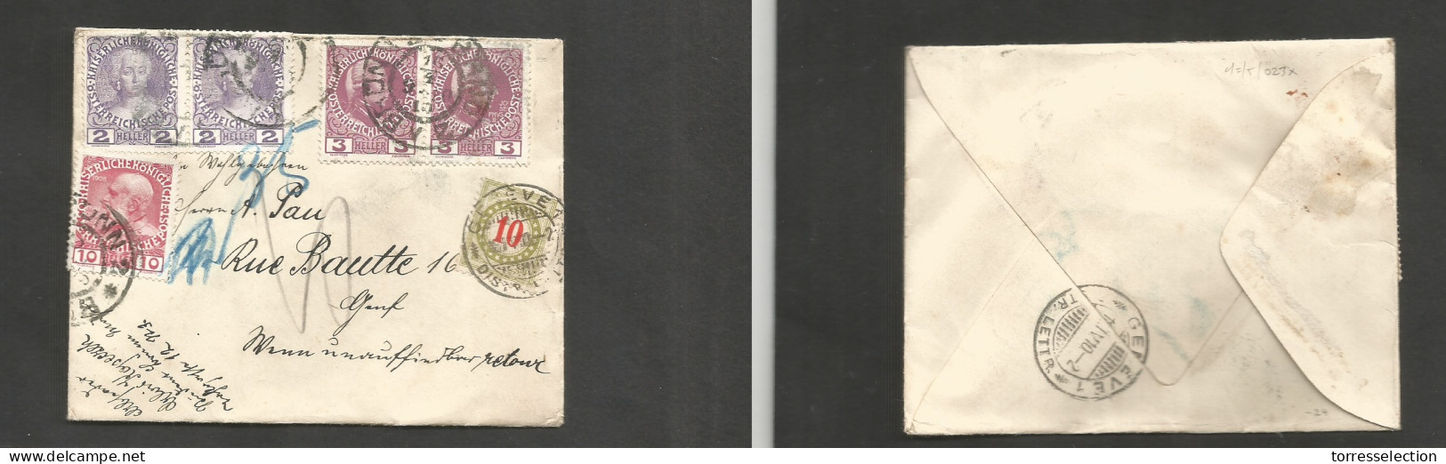 AUSTRIA - XX. 1910 (16 April) Brunn - Switzerland, Geneva (18 April) Multifkd Envelope At 20h Rate, Taxed + Arrival. Swi - Sonstige & Ohne Zuordnung