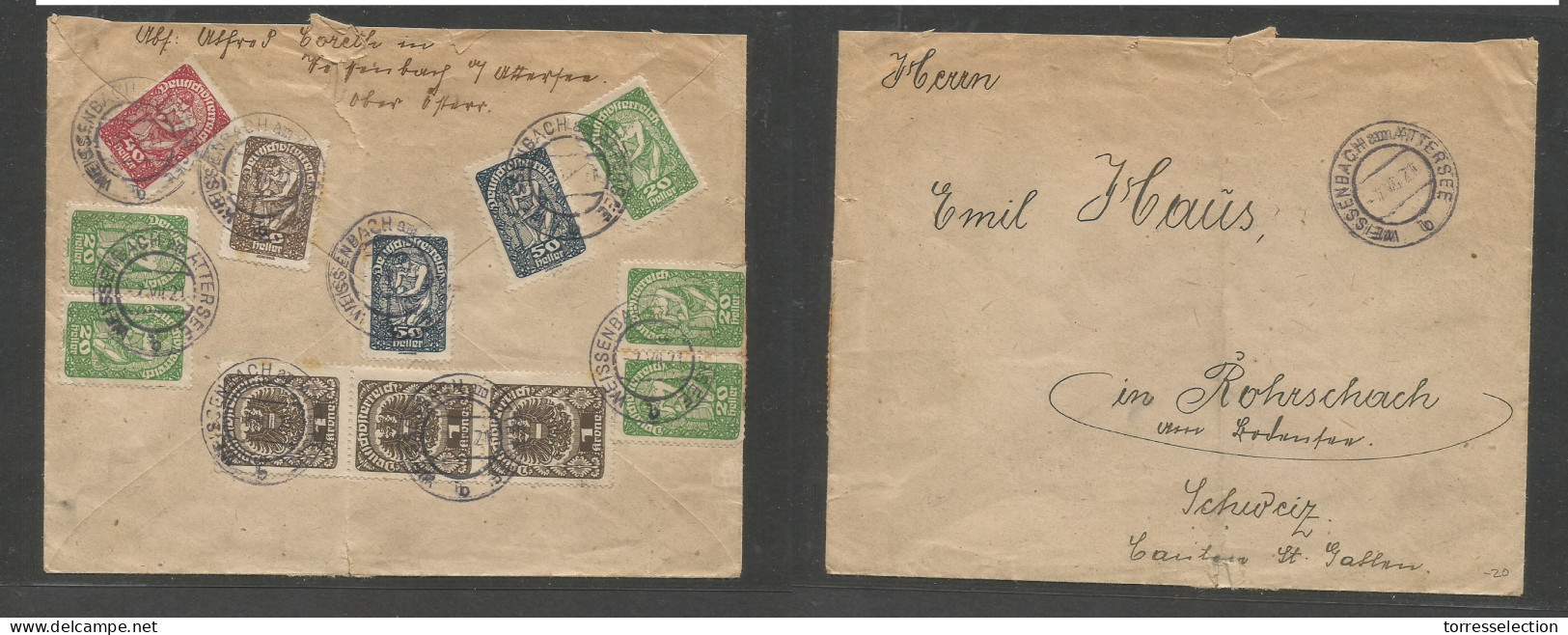AUSTRIA - XX. 1921 (7 July) Weissenback Am Attersee - Switzerland, Rohrschach. Reverse Multifkd Envelope. SALE. - Andere & Zonder Classificatie