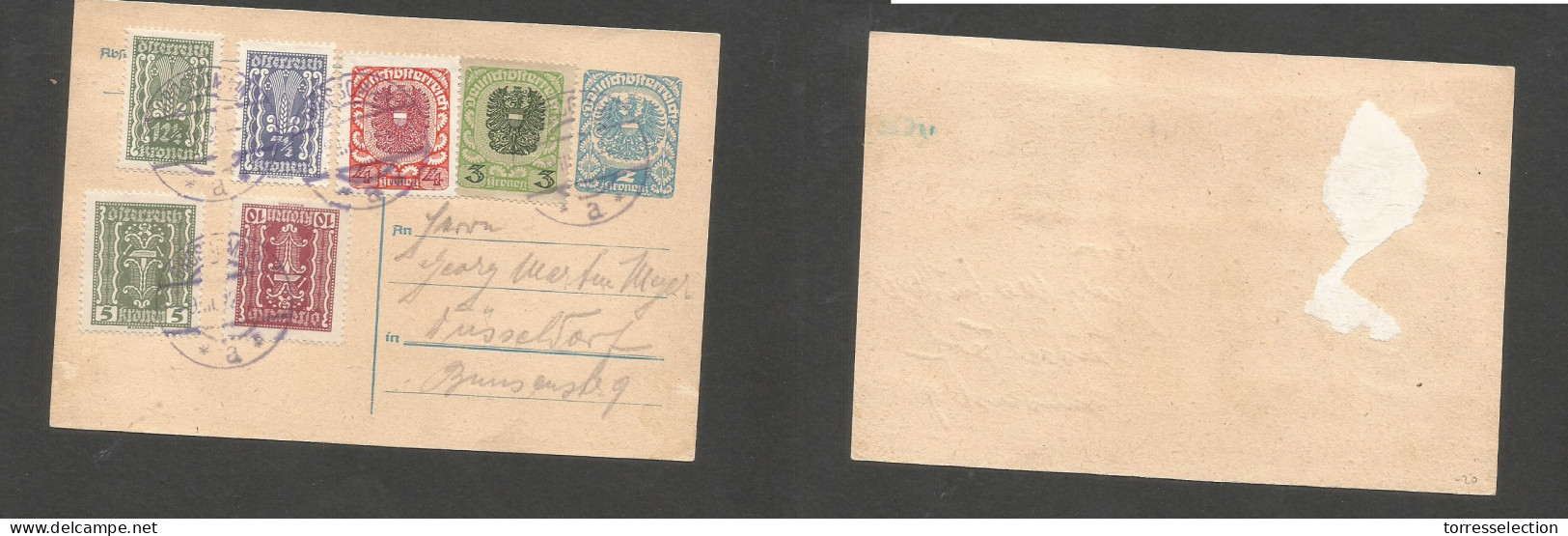 AUSTRIA - Stationery. 1922 (9 March) Grossoman - Germany, Dusseldorf. 2kr Blue Stat Card + 6 Adtls. Early Inflation Peri - Sonstige & Ohne Zuordnung