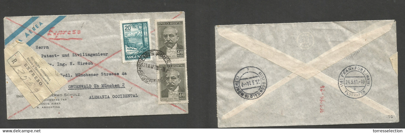 Argentina - XX. 1961 (21 March) Late Proceres Issue Usage. Buenos Aires - West Germany, Greenwald (24 March) Registered  - Altri & Non Classificati