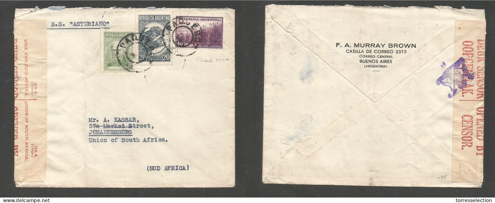 Argentina - XX. C. 1941. Buenos Aires - South Africa, Joburg. Proceres Issue Multifkd Env At 64c Rate, Tied Paquebot Cac - Autres & Non Classés
