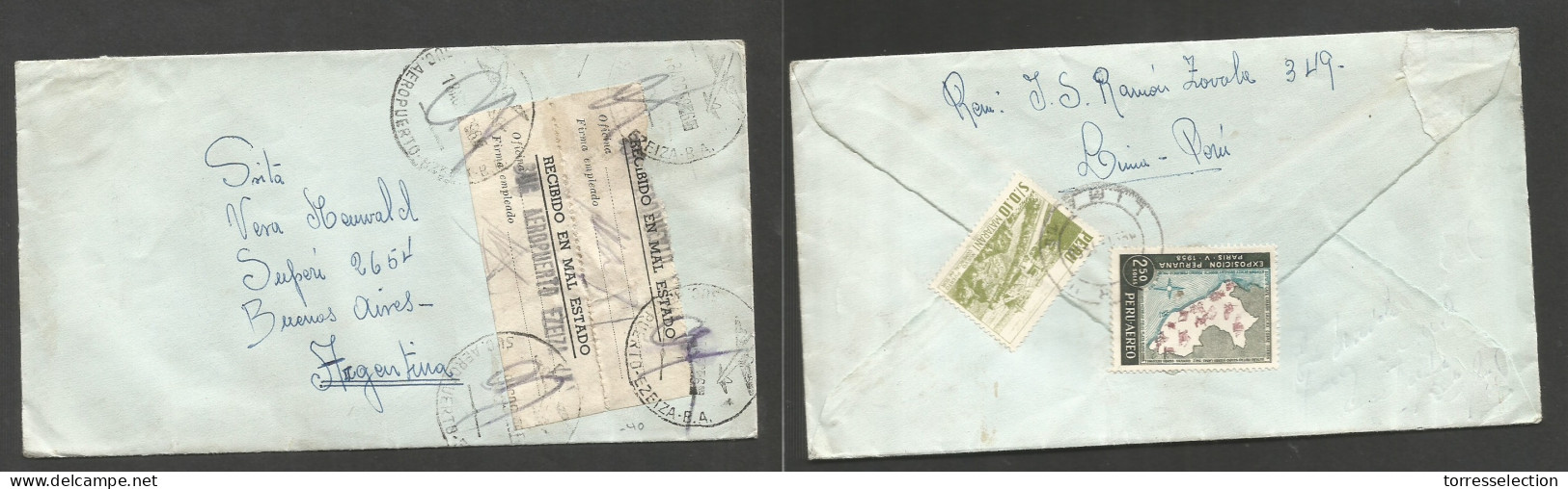 Argentina - XX. 1959 (Aug) Perú, Lima - Argentina, Buenos Aires (18 Aug) Reverse Multifkd, With Postal Label On Front. " - Other & Unclassified