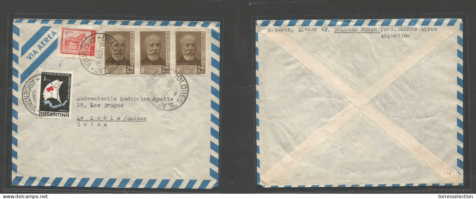 Argentina - XX. 1959 (17 Dic) Dolores, BA - Switzerland, Le Locle. Air Multifkd Env. Red Corss Issue + Proceses. SALE. - Andere & Zonder Classificatie