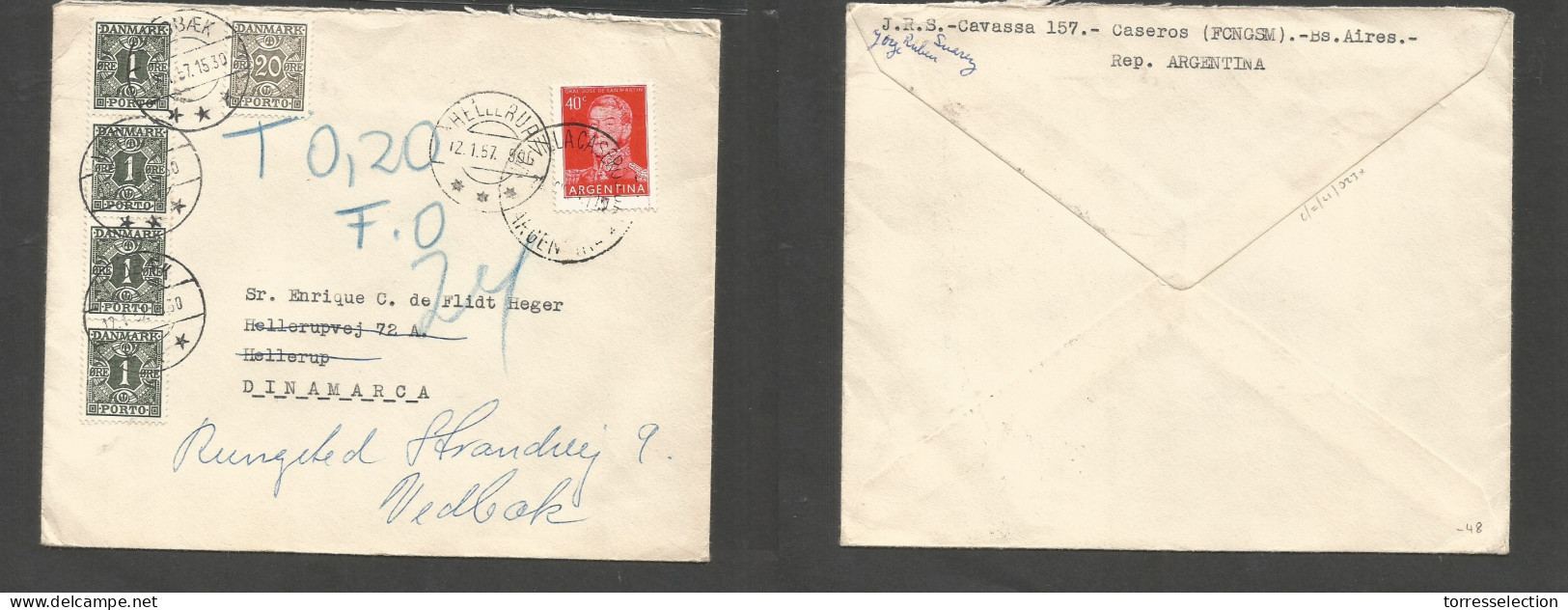 Argentina - XX. 1956 (26 Dic) Villa Caseros - Denmark, Hellerup Fwded. Fkd Sing 40c Cds, Taxed + Fwded. VF Multiple Comb - Other & Unclassified
