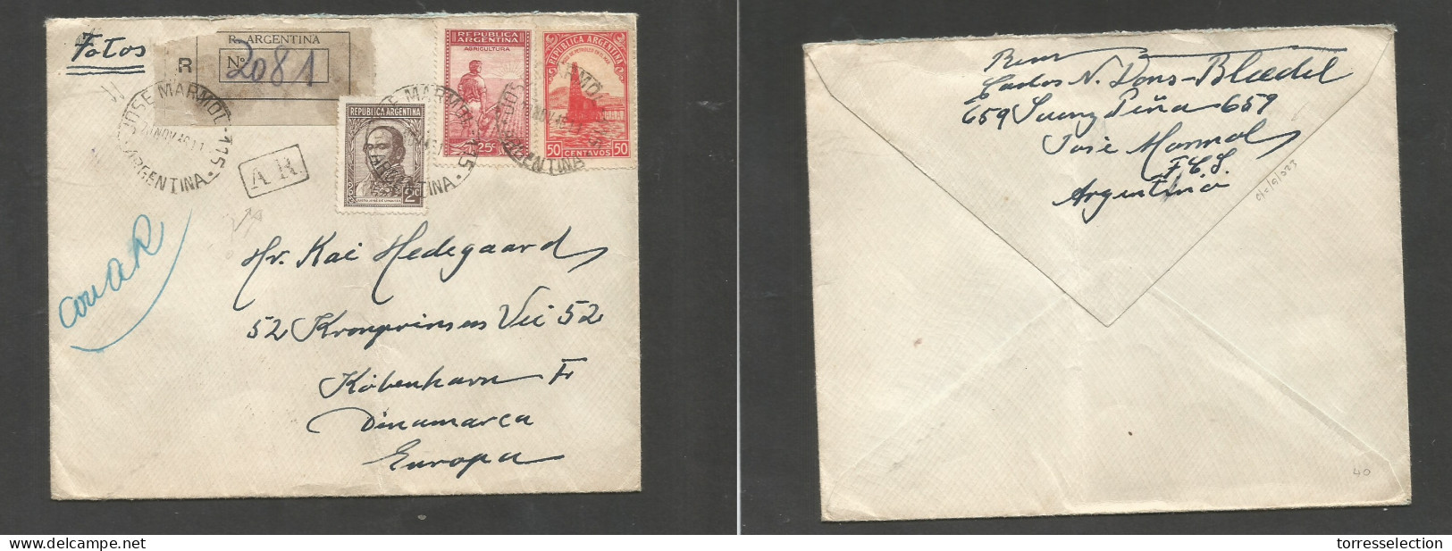 Argentina - XX. 1946 (20 Nov) Jose Marmol 115 - Denmark, Cph. Registered AR Multifkd Env Incl Proceres At 77c Rate. VF + - Other & Unclassified