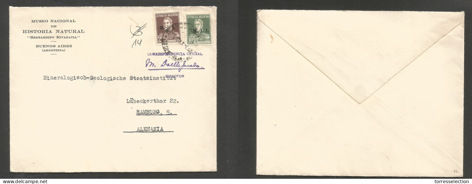 Argentina - XX. 1938 (August) Official Mail MMII Museo Historia Natural - Germany, Hamburg. Multifkd Env At 12c Rate, Ti - Other & Unclassified